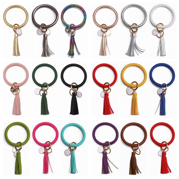 

leather wristlet keychain bracelet link chain bangle round key ring large circle tassel chain wrist bracelets holder for women girls, Black