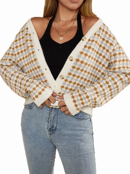 

women's sweaters argyle pattern drop shoulder cardigan n68c#, White;black