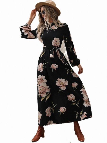 

casual dresses floral print belted dress 2022 new q62g#, Black;gray