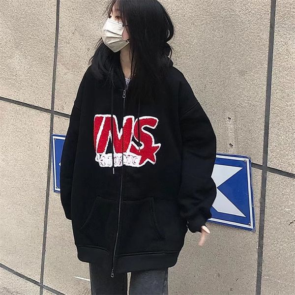 

women's hoodies sweatshirts pure cotton alphabet star pattern hooded sweater brand cardigan spring and summer fashion retro homemade ca, Black