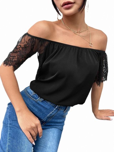 

women's blouses & shirts contrast lace bardot blouse j44z#, White