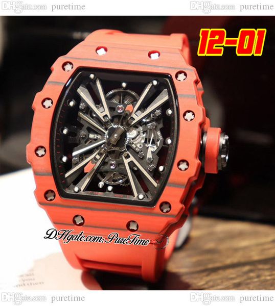 

2022 12-01 miyota automatic mens watch ntpt red carbon fiber case black skeleton dial big date rubber strap 4 styles watches puretime c3, Slivery;brown