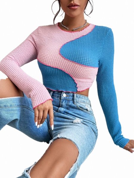 

women's t-shirt colorblock lettuce trim crop tee p6r6#, White