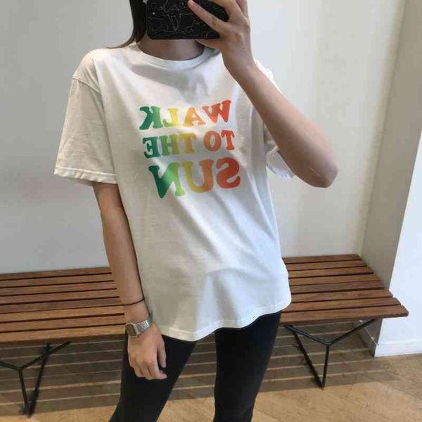 

women's t-shirt fadan s family spring summer round neck short sleeve letter rainbow casual versatile t-shirt, White