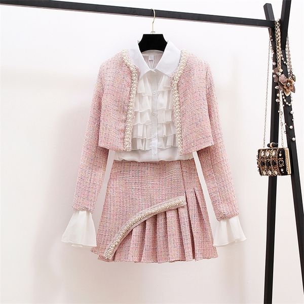 

two piece dress women autumn winter 3 piece sets lady fashion elegant slim coat skirt shirt threepiece suit tweed sets 220906, White
