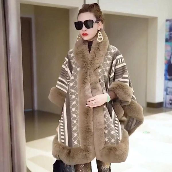 

women's wool blends autumn poncho women winter jacket jacquard splicing imitation rex rabbit fur collar shawl cloak woolen coats womens, Black