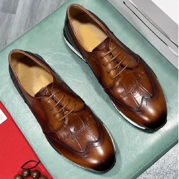 

high-end men leather shoes non-slip comfortable shoe handmade brogue style sneakers dating wedding shoes da64, Black