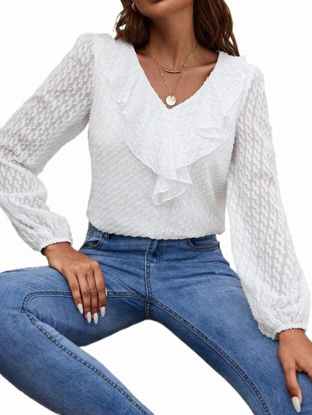 

women's blouses & shirts swiss dot ruffle trim blouse t3cw#, White