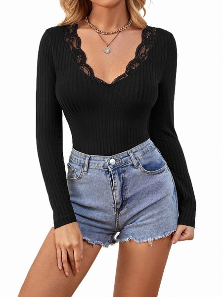 

women's t-shirt contrast lace scallop trim v-neck bodysuit v2xt#, White