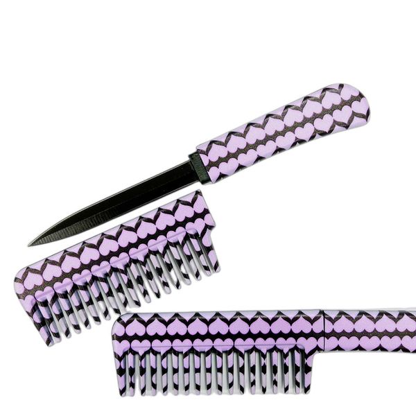 

concealed fashion accessories purple heart pattern hair comb knife brush self defense, Silver