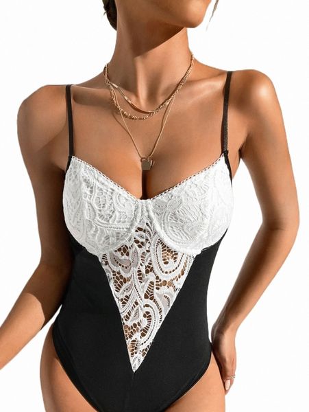 

women's t-shirt guipure lace panel bustier cami bodysuit 38el#, White