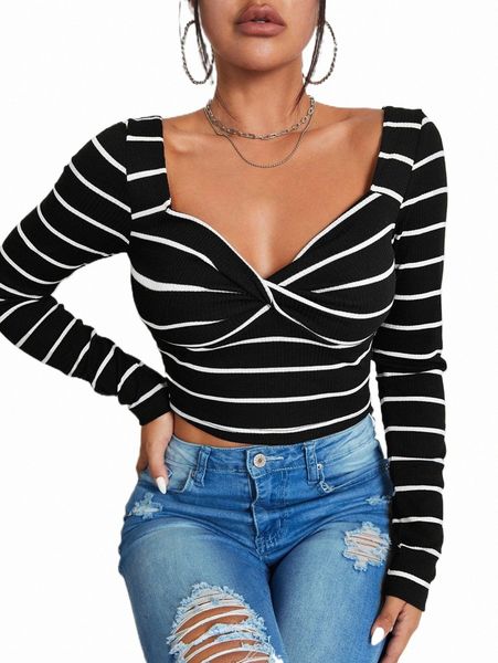 

women's t-shirt sweetheart neck twist front rib-knit tee j23c#, White