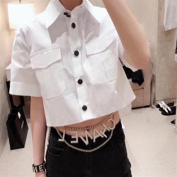 

women luxury letter blouse fashion brand turn down collar short sleeve high low crop shirts party streetwear plus size dresse289v, White