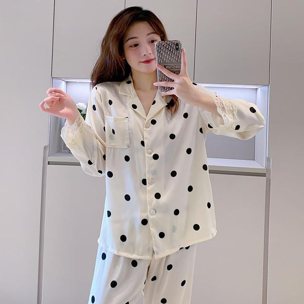 

nightwear pijamas suit sleepwear sweet print dot beige loose long sleeve satin, Black;red