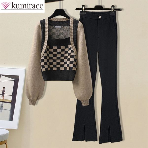 

womens two piece pants korean autumn vintage checkerboard stitching knitted shirt sweater casual trousers twopiece elegant womens pants set, White