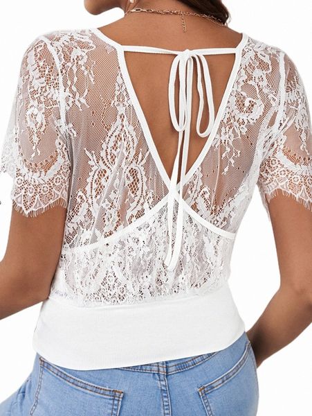 

women's t-shirt contrast lace tie back wrap tee p1rt#, White