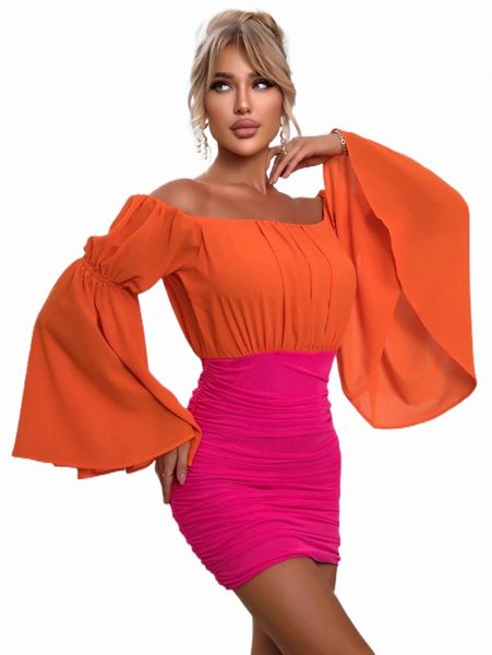 

casual dresses joyfunear two tone off shoulder flounce sleeve ruched dress l6h2#, Black;gray