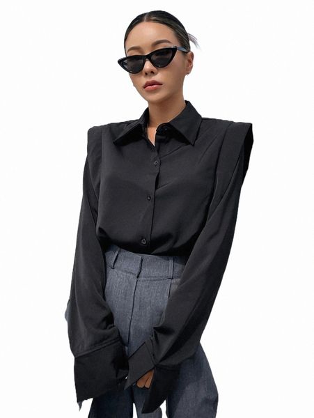 

women's blouses & shirts dazy shoulder pad button front shirt i6y1#, White