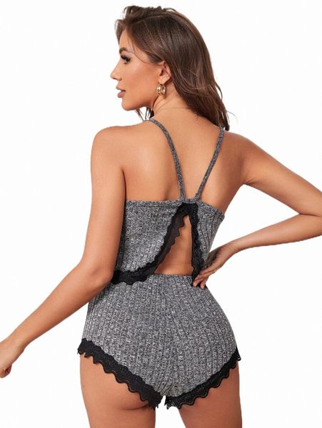 

women's sleepwear contrast lace trim pj set 2022 new s80t#, Black;red
