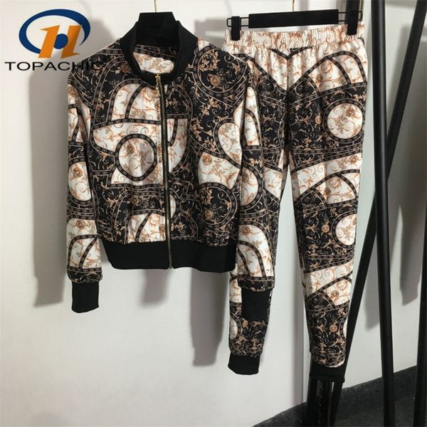 

womens two piece pants 817 vintage print long sleeve zipper jacket coat elastic waist casual pants women 220906, White