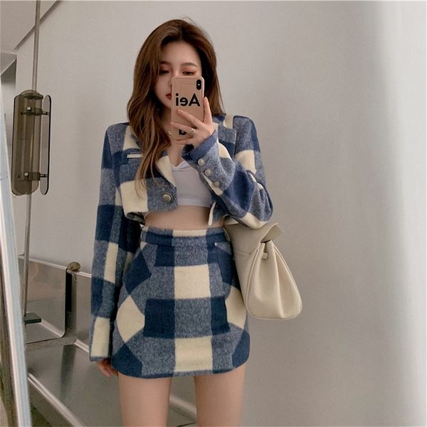 

two piece dress sweet short plaid blazer suit two piece set summer women woollen casual office blazer girl chic cute high waist skirt suits, White