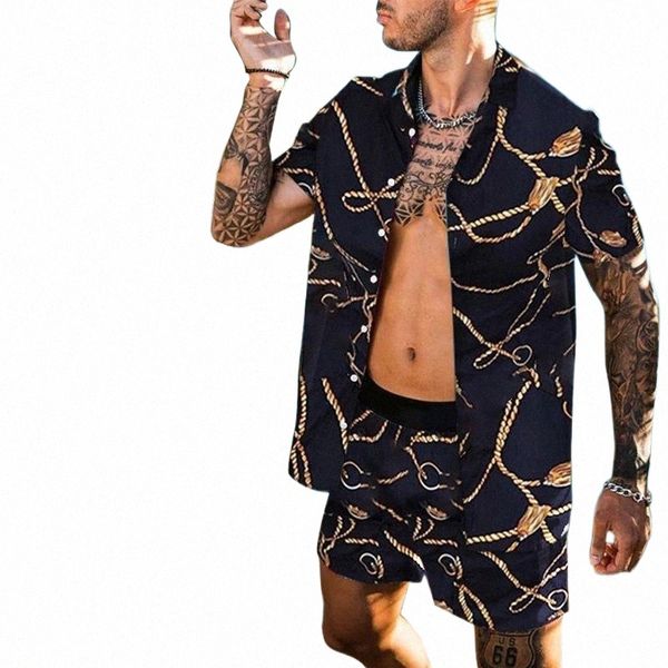 

men's tracksuits men hawaiian vacation printed sets 2021 summer lapel short sleeve button shirt beach shorts streetwear casual mens sui, Gray