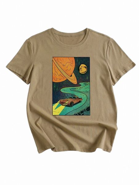 

women's t-shirt romwe x bottle cap creative planet & car graphic tee 01qv#, White