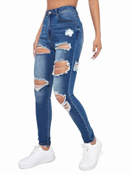 

women's jeans high waist cut out ripped skinny jeans r5bm#, Blue