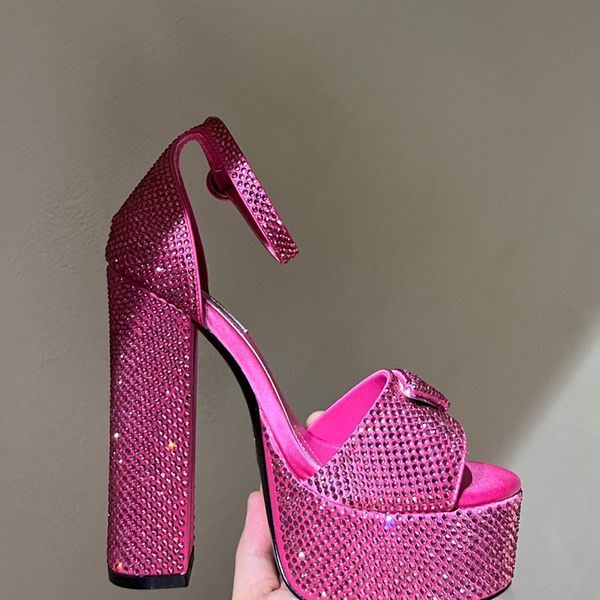 

2022 140mm high heels sandals party dress shoes thick heel water platform series star fashion shiny rhinestone leather luxury performance sh, Black