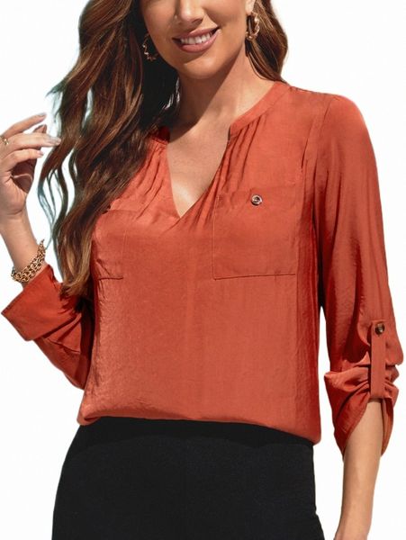 

women's blouses & shirts solid notched neck pocket patched blouse u4vc#, White