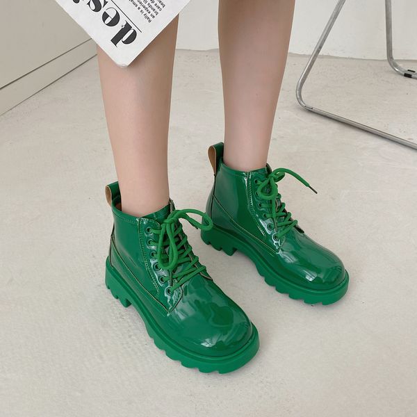 

2022 new women's pu leather ankle boots women autumn winter round toe lace up shoes woman fashion motorcycle platform casual boots dres, Black