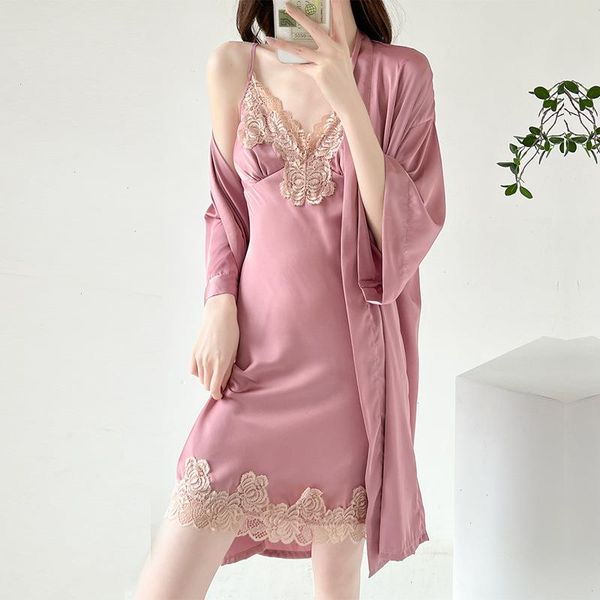 

lace nightgown women sleepwear home clothing casual satin bathrobe gown, Black;red