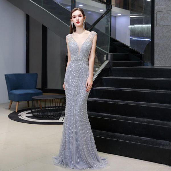 

special occasion dresses deep v open back long mermaid luxury beaded crystal evening party dress ys92446, Black