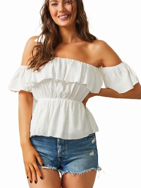 

women's blouses & shirts sbetro off shoulder ruffle trim blouse y1wo#, White