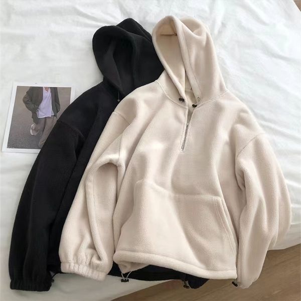 

women's hoodies sweatshirts women autumn winter solid color drawstring zipper hoodies jumper loose long sleeve sweatshirts fleece plush, Black