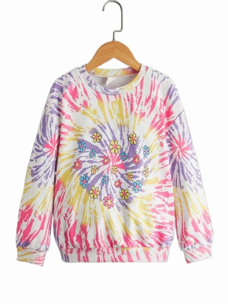 

others apparel girls swirl tie dye & floral print drop shoulder sweatshirt e9db#, Black;white