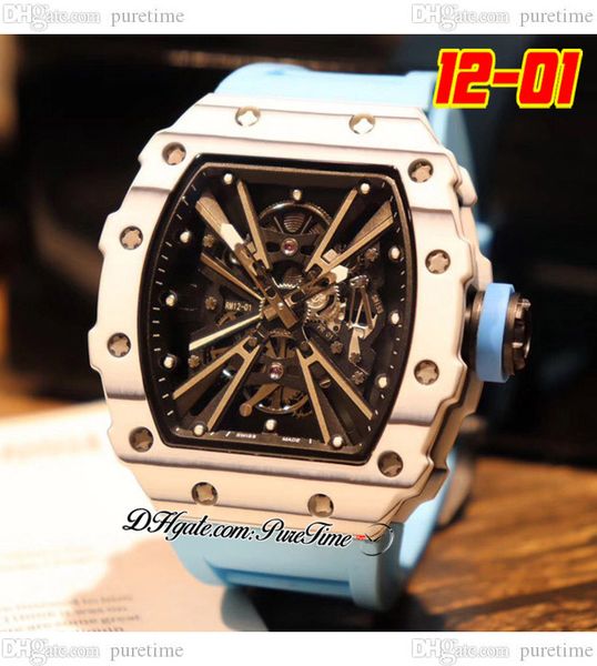 

2022 12-01 miyota automatic mens watch ntpt white carbon fiber case black skeleton dial big date blue rubber strap 4 styles watches puretime, Slivery;brown
