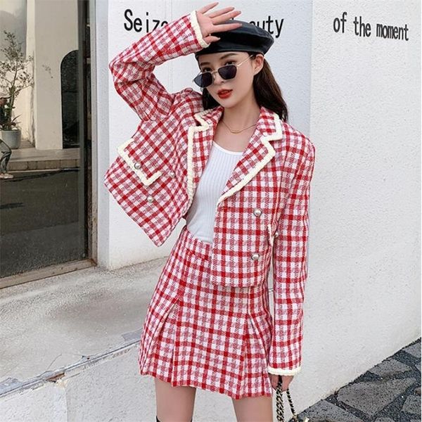 

two piece dress french sweet plaid tweed womens suit woolen lapel short jacket coat crop mini skirts two piece set vintage student outfit 22, White