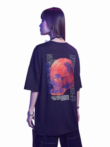 

women's t-shirt romwe cyber luvr slogan figure graphic oversized tee i9ad#, White