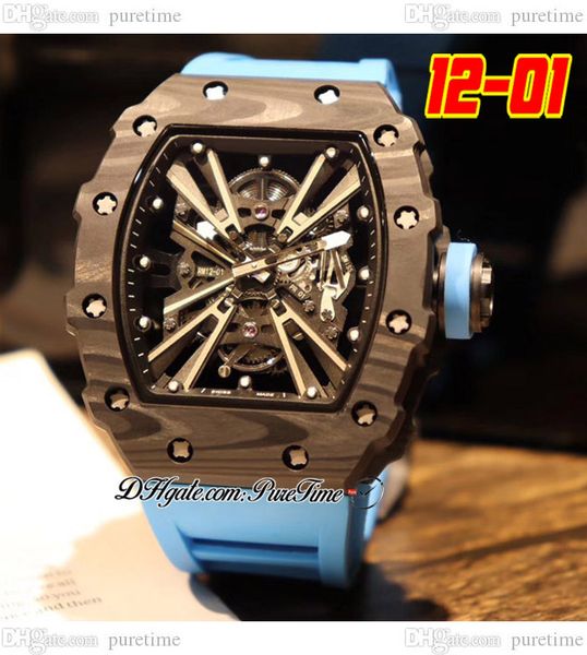 

2022 12-01 miyota automatic mens watch ntpt black carbon fiber case skeleton dial big date blue crown rubber strap 6 styles watches puretime, Slivery;brown
