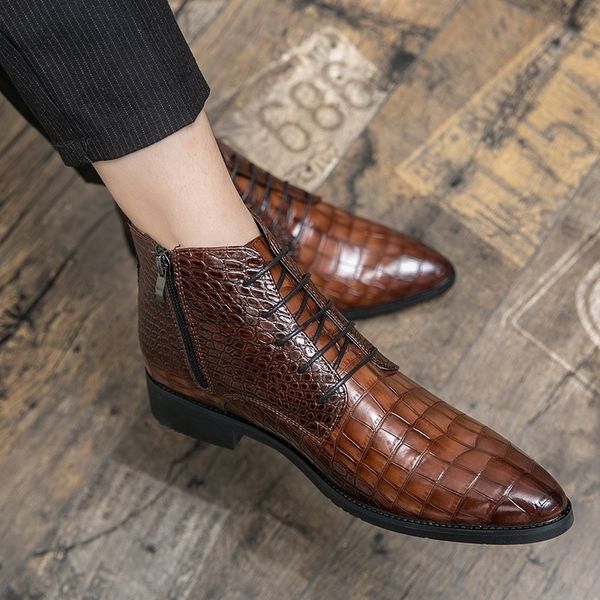 

dress shoes fashion leather boots lace up ankle pointed toe low heels men casual platform chelsea men's and wedding 220905, Black