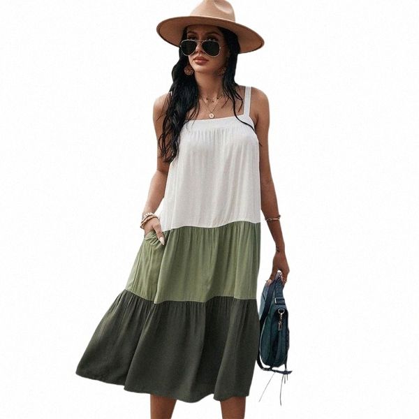 

casual dresses casual dresses women fashion patchwork sleeveless ruched spaghetti strap female summer pocket beach big swing midi z7ih#, Black;gray
