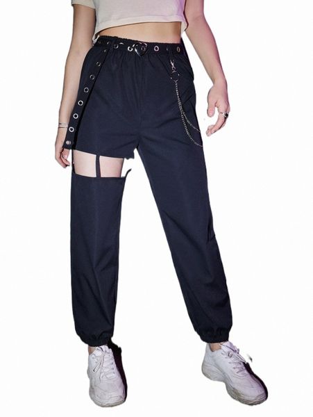 

women's pants & capris romwe punk rock solid cut out pants c04o#, Black;white