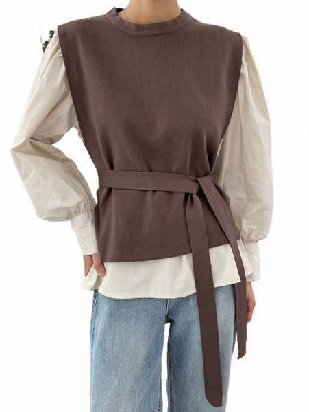 

two piece dress dazy lantern sleeve blouse & belted sweater vest s59g#, White