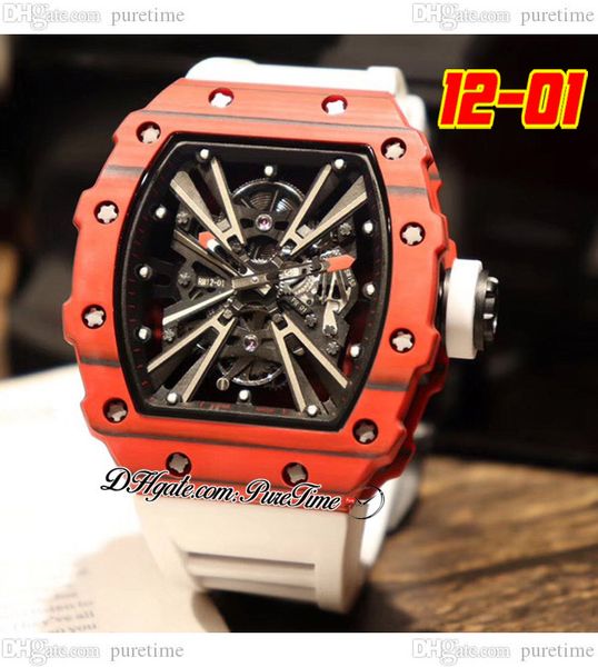 

2022 12-01 miyota automatic mens watch ntpt red carbon fiber case black skeleton dial big date white rubber strap 4 styles watches puretime, Slivery;brown