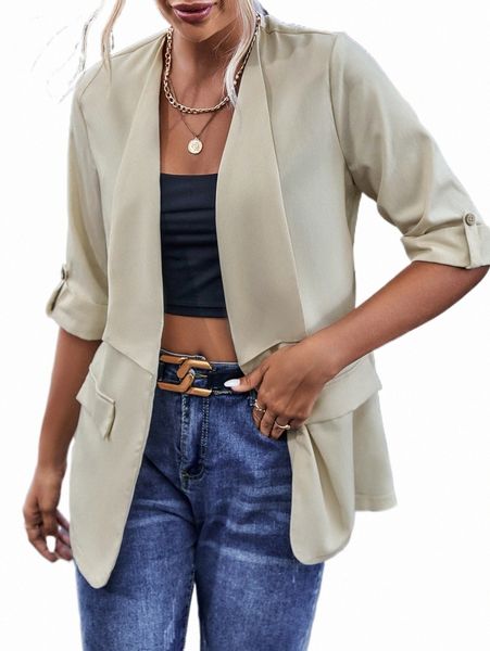 

women's two piece pants waterfall collar roll tab sleeve blazer c4vu#, White