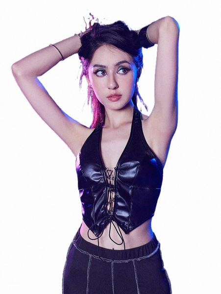 

women's tanks & camis romwe cyber luvr pu lace up halter l1kj#, White