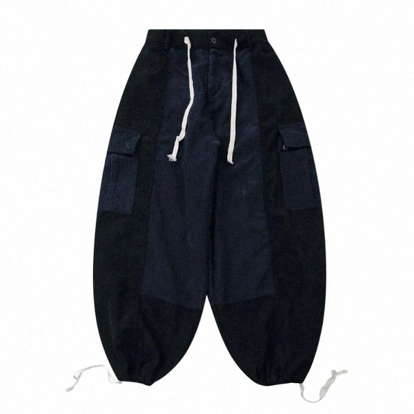 

men's pants men's pants multi-pocket corduroy cargo mens safari style contrast paneled drawstring jogger elastic waist loose trous, Black