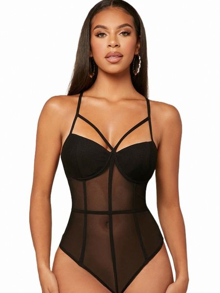 

women's t-shirt cut out bust accent mesh panel detail cami bodysuit g2sw#, White