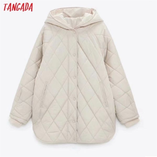 

women's down parkas tangada women beige oversize long hood parkas autumn winter long sleeve buttons pockets female warm coat 6w02 22090, Black